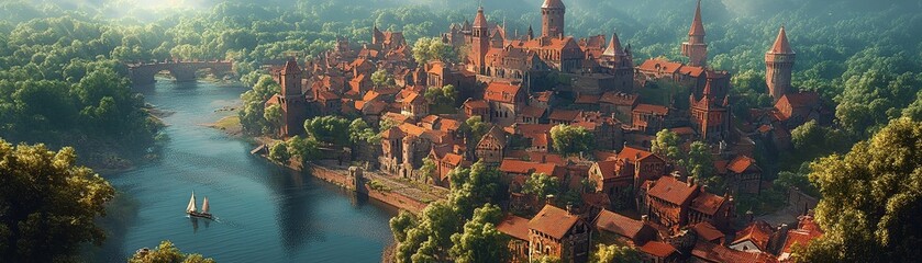 Obraz premium Scenic river view of medieval castle enchanted forest digital illustration serene atmosphere aerial perspective fantasy