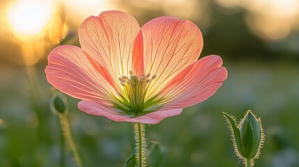 Fototapeta premium Sunset Blossom: A delicate pink flower bathed in the golden light of the setting sun, showcasing nature's beauty.