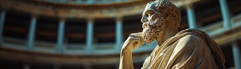 Reflective statue of philosopher in a historic architecture thought-provoking art piece inner courtyard close-up view