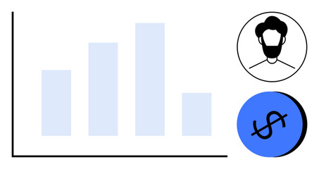 Bar chart with four bars, user profile icon with beard, dollar sign in blue circle. Ideal for business analysis, financial growth, user demographics, marketing insights, economic trends, statistical