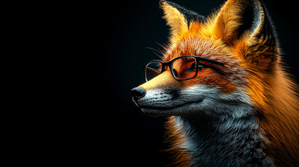 A captivating close-up portrait of a red fox wearing glasses, set against a dramatic dark background. The image showcases the animal's exquisite fur and intelligent gaze.