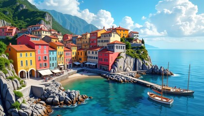 Obraz premium Picturesque colorful town by sea. Bright houses with different colors. People relax on beach. Boats in harbor. Sunny day. Scenic view of seaside town. Tourism destination. Vacation spot. Europe.