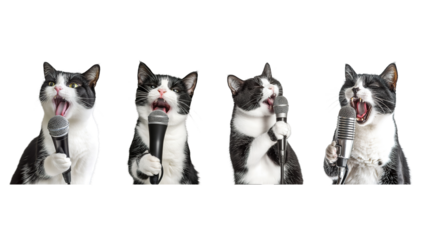 Collection tuxedo cats singing into microphones Isolated on Transparent Background