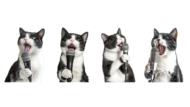 Collection tuxedo cats singing into microphones Isolated on Transparent Background
