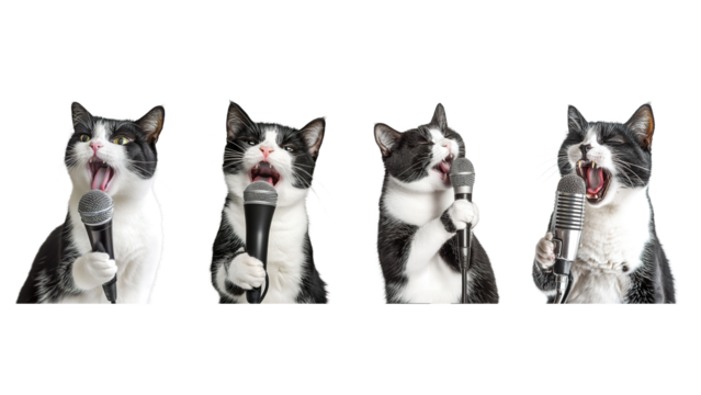 Collection tuxedo cats singing into microphones Isolated on Transparent Background