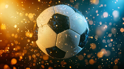 Fototapeta premium Dynamic Soccer Ball: A Stunning Image of a Wet Football in Mid-Air, Surrounded by Sparkling Lights and Energetic Movement