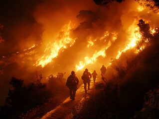 Fototapeta premium Firefighters Battle a Massive Wildfire During the Night in a Mountainous Region