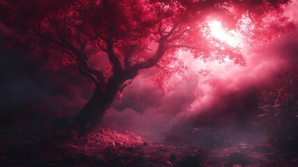 Obraz premium Mystical tree in enchanted forest fantasy landscape surreal environment dreamlike viewpoint