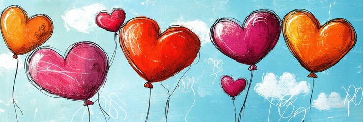 Vibrant heart-shaped balloons with clouds showcasing love and joy concept