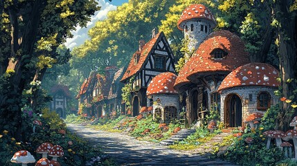 Obraz premium Charming fairy tale village enchanted forest digital art serene landscape wide angle whimsical fantasy