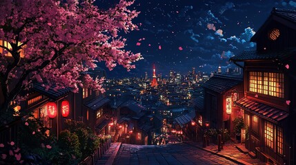 Naklejka premium Sakura blossoms illuminated nightlife tokyo cityscape photography urban environment wide angle serenity
