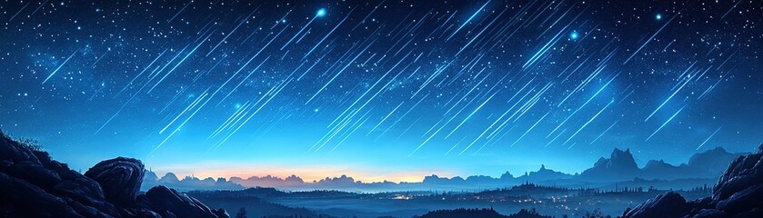 Naklejka premium Meteor shower spectacle over serene mountains night sky digital artwork tranquil environment wide angle view