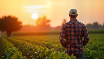 Farmer contemplates crop insurance options at sunset. Rural landscape with fields of crops. Farmer stands considering weather impact on harvest, profitability. Plans for crop protection. Farmer