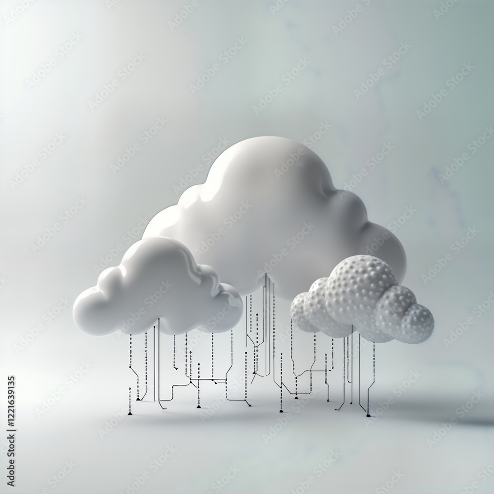 Poster fluffy white clouds represent cloud computing. elegant design floats on grey backdrop. graphic conne