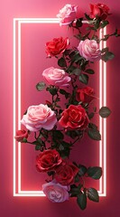 Obraz premium Frame with a white neon light border, adorned with red and pink roses, set against a pink background