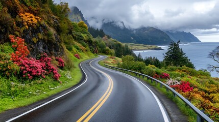 Fototapeta premium Winding coastal road pacific northwest scenic view nature serene landscape