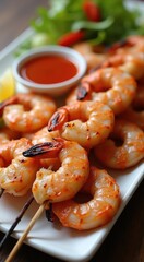 Shrimp skewers on a plate with a side of dipping sauce