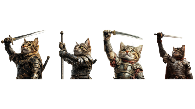 Four Brave Cats in Medieval Armor Wielding Swords Isolated on Transparent Background