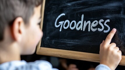 A young boy of Caucasian descent writing the word 'Goodness' on a chalkboard, symbolizing positivity and learning.