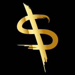 Gold dollar icon. Hand-drawn brush stroke of golden dollar sign. Money sign for business and decoration, websites and app. Vector illustration isolated on black background.