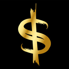 Gold dollar icon. Hand-drawn brush stroke of golden dollar sign. Money sign for business and decoration, websites and app. Vector illustration isolated on black background.