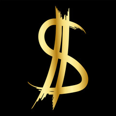 Gold dollar icon. Hand-drawn brush stroke of golden dollar sign. Money sign for business and decoration, websites and app. Vector illustration isolated on black background.