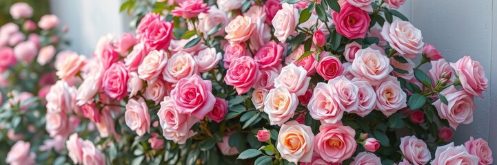 Vibrant Pink and Peach Roses Blooming Abundantly Against a Light Background