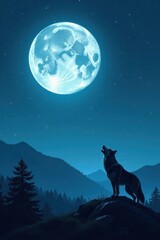 Obraz premium A full moonlit landscape with a howling wolf silhouette, landscape, moonlight
