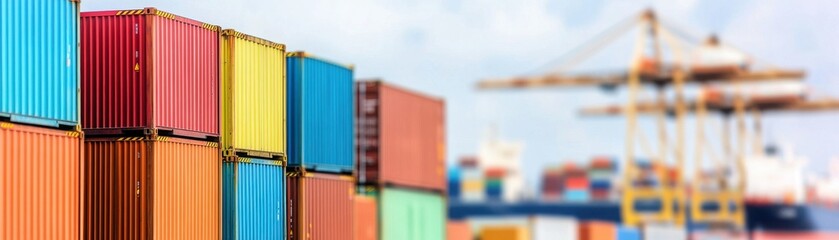 Fototapeta premium A vibrant collection of shipping containers stacked at a busy port, showcasing the rhythm of global trade and logistics.