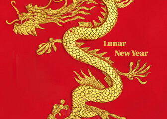 Lunar New Year Dragon Red and Gold Background, Wallpaper, Cover Art for Chinese New Year Celebration in January 