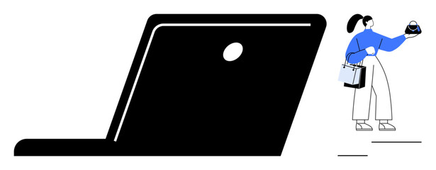 Woman holding spherical object and shopping bags, giant black laptop. Ideal for technology, online shopping, retail innovation, virtual experiences, augmented reality, consumer behavior, digital