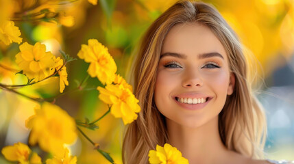 Naklejka premium Captivating beauty portrait of a young woman showcasing stylish hair and a cheerful smile in a vibrant summer setting.