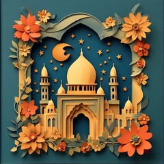 3D paper art of a square frame with a mosque and moon, stars, and flower decorations around the edges