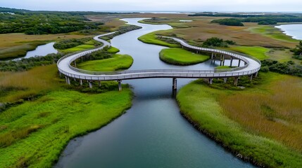 Winding nature path over serene waters scenic marshlands aerial view tranquil landscape