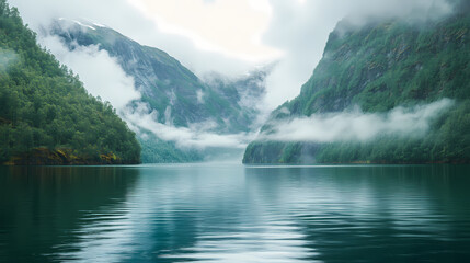 Misty fjord and light. Mystic Fjord. Illustration