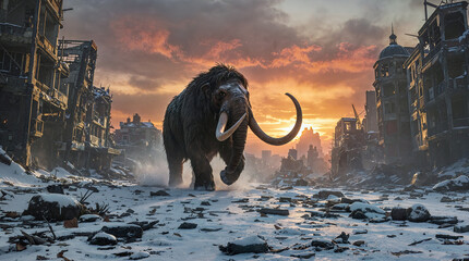 a lone mammoth running trough a post apocalyptic destroyed city at sunset in the winter