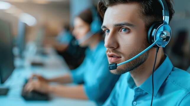 A focused male operator in a headset diligently assists clients from his desk in a busy call center environment.