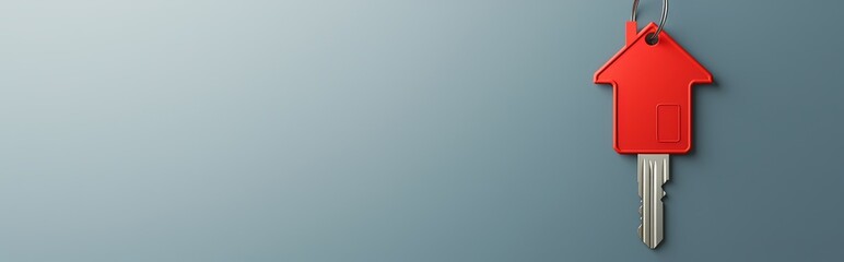 House keys with a red house-shaped keychain against a grey wall background, symbolizing real estate, home ownership, and property concept.