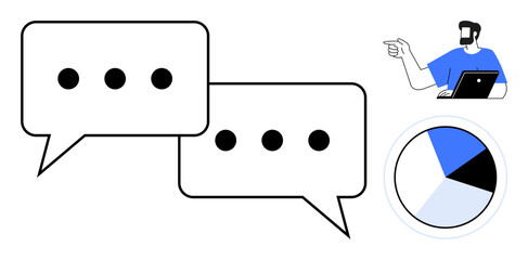 Man with laptop pointing, two speech bubbles with ellipses, and pie chart. Ideal for communication, data analysis, business strategy, teamwork, digital interaction, presentations information