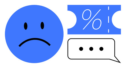 Blue sad face next to a discount tag and message bubble with ellipsis, conveying dissatisfaction in customer feedback. Ideal for customer service, discount issues, communication, feedback, emotions