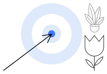 Arrow hitting the center of a blue target with two potted plants on the right. Ideal for success strategy, precision, growth, aspiration, goal setting, focus, achieving milestones. Abstract line flat