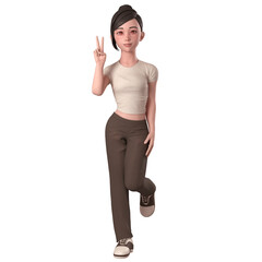 Obraz premium 3D illustration of a casual girl in brown dressed. doing peace hand pose with left hand.