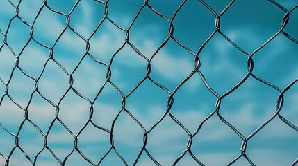 Fototapeta premium A vibrant soccer football net stands tall against a backdrop of a clear blue sky and fluffy white clouds.