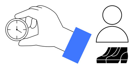 Hand holding a pocket watch, symbol of a person, and ascending steps. Ideal for time management, punctuality, progress, self-improvement, goal-setting personal development achievement. Abstract