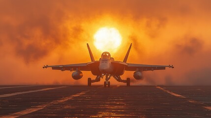 Naklejka premium Sunset Silhouette: F/A-18 Super Hornet on Aircraft Carrier