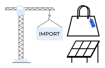 Industrial crane lifting an import container, a shopping bag with a blue price tag, and a solar panel grid. Ideal for trade, commerce, shopping, renewable energy, construction, sustainability