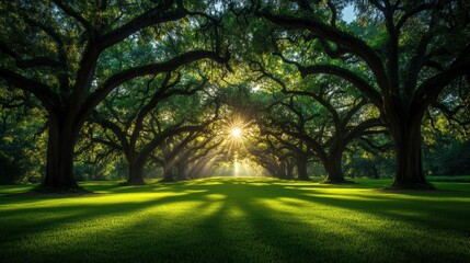 Obraz premium Sunlight streaming through majestic oak tree path in lush green forest