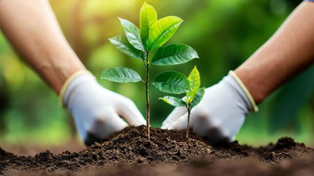 Dedicated individuals in white gloves actively engage in tree planting, supporting conservation and sustainable practices.
