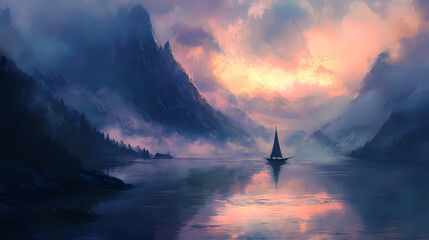 Fototapeta premium A fjord at dawn with low-lying fog hovering over its glassy water, creating a mystical atmosphere. Mystic Fjord. Illustration