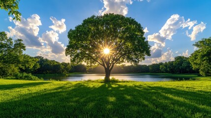 Obraz premium Sunlight filtering through majestic tree by serene lake in lush green park